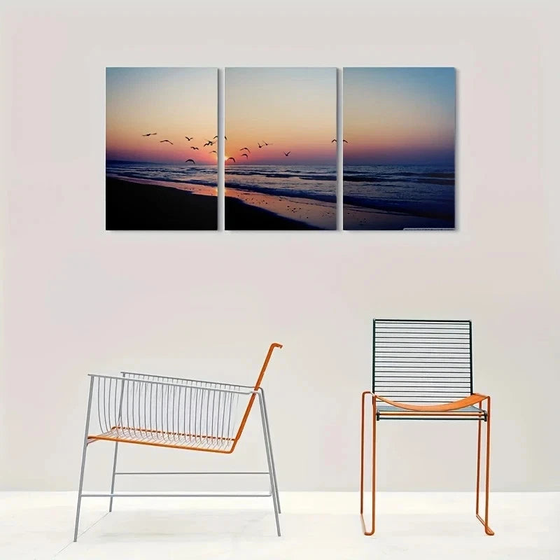 3pcs Beach Sunset Ocean Scene with Birds & Waves Metal Print Ready to Hang Art
