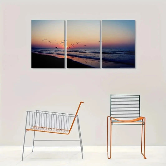 3pcs Beach Sunset Ocean Scene with Birds & Waves Metal Print Ready to Hang Art