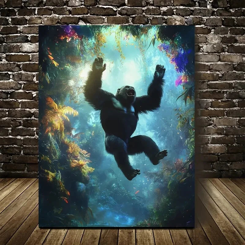 Joyful Gorilla Leaping in Enchanted Forest Painting  40x60cm Metal Print Ready to Hang
