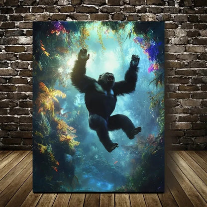 Joyful Gorilla Leaping in Enchanted Forest Painting  40x60cm Metal Print Ready to Hang