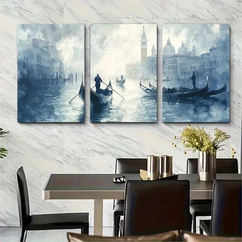 3pcs Blue & Gray Symmetrical Canal Reflections Metal Print Ready to Hang Art
