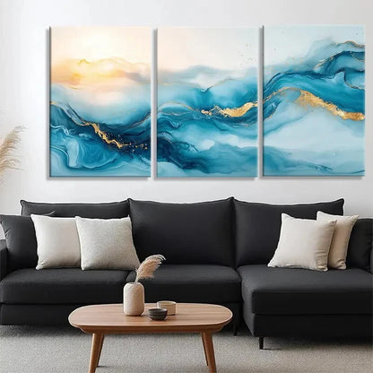 3pcs Blue and Golden Abstract Ocean Waves Metal Print Ready to Hang Art