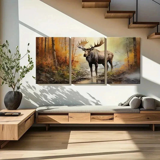 3pcs Majestic Moose Forest Scene Autumn Colors Metal Print Ready to Hang Art
