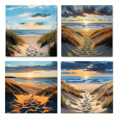4pcs Vintage Abstract Beach Sunset Coastal Wall Art Canvas Framed