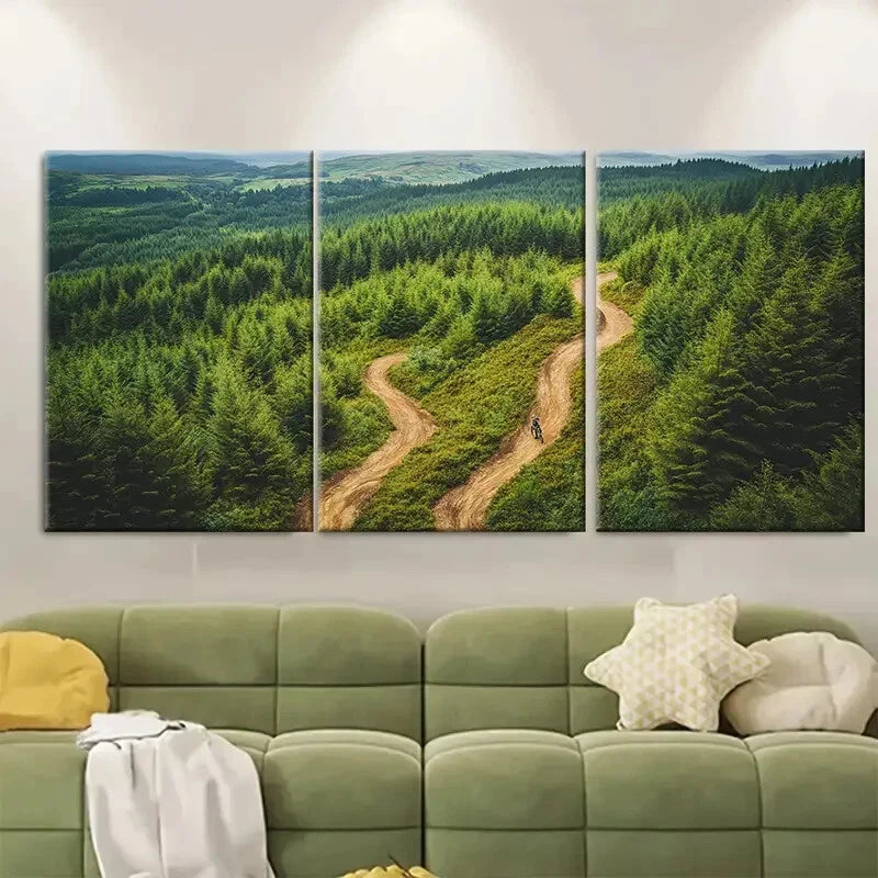 3pcs Vibrant Green Forest Trail Scenery Metal Print Ready to Hang Art