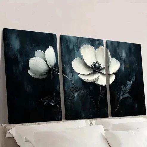 3pcs Elegant Black and White Floral S Wall Art Set Canvas Unframed - High Quality Print 100% Australian Made Wall Canvas - Bella Home Decor