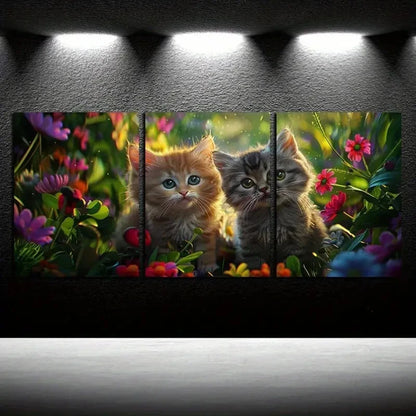 3pcs Adorable Cats in Garden Metal Print Ready to Hang Art
