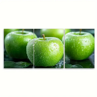 3pcs Green Apple Fruits Still Life Illustration Wall Art Set Canvas Framed 50x70cm - High Quality Print 100% Australian Made Wall Canvas Ready to Hang