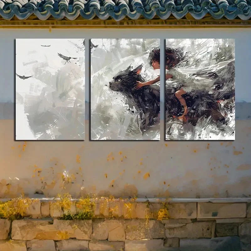 3pcs Charming Black Cat Girl Abstract Design Metal Print Ready to Hang Art