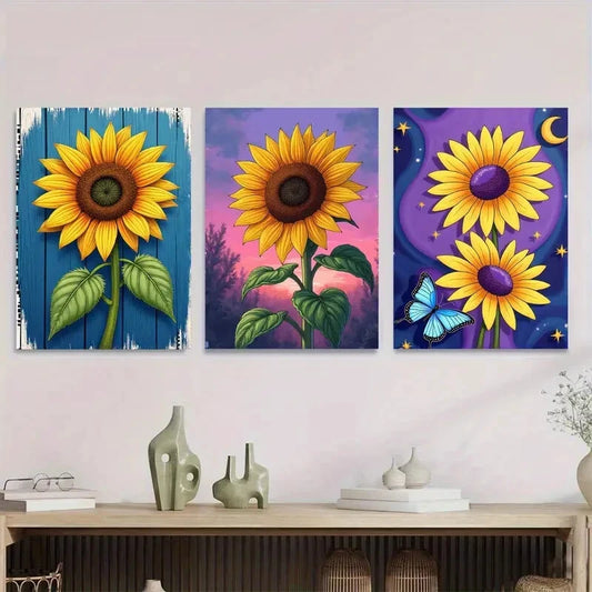 3pcs Vibrant Sunflower Modern Classic Floral Sky Wall Art Set Canvas Framed 40x60cm - High Quality Print 100% Australian Made Wall Canvas Ready to Hang