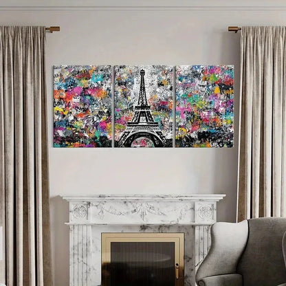 3pcs Eiffel Tower Vibrant Abstract Urban Graffiti Metal Print Ready to Hang Art