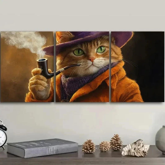 3pcs Featuring a Cat with a Pipe Wall Art Set Canvas Framed 40x60cm - High Quality Print 100% Australian Made Wall Canvas Ready to Hang