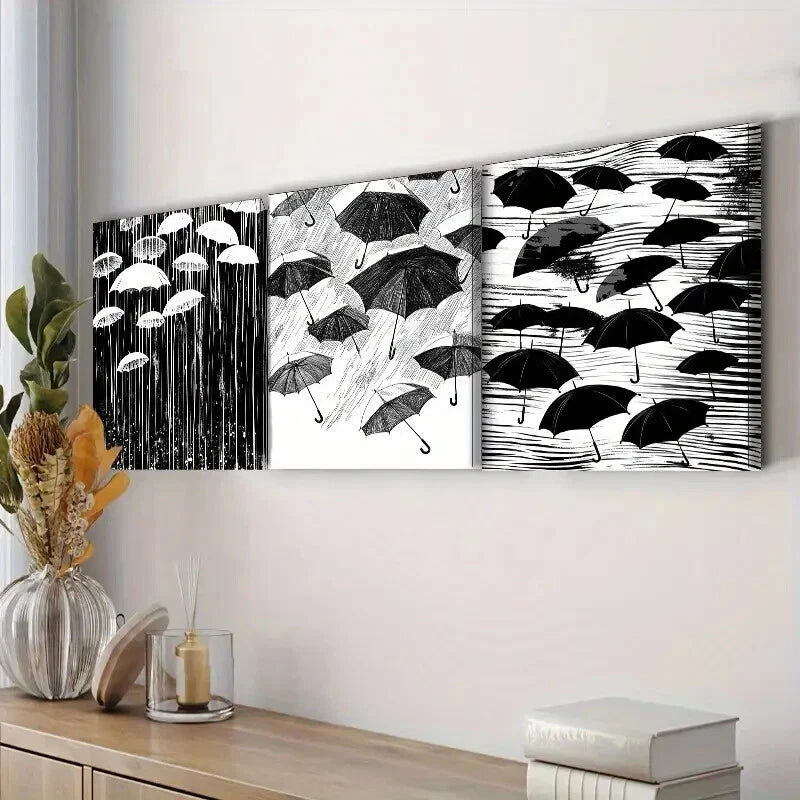 3pcs Black White Umbrellas in the Wind and Rain Wall Art Set Canvas Framed 40x60cm - High Quality Print 100% Australian Made Wall Canvas Ready to Hang