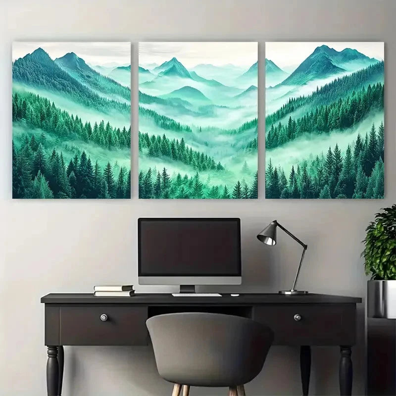 3pcs Emerald Green Forest Misty Mountain Wall Art Set Canvas Framed 60x90cm - High Quality Print 100% Australian Made Wall Canvas Ready to Hang