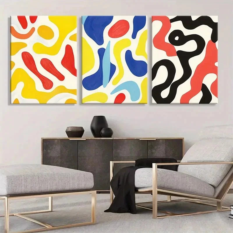 3pcs Modern Geometric Abstract Yellow & Black Metal Print Ready to Hang Art