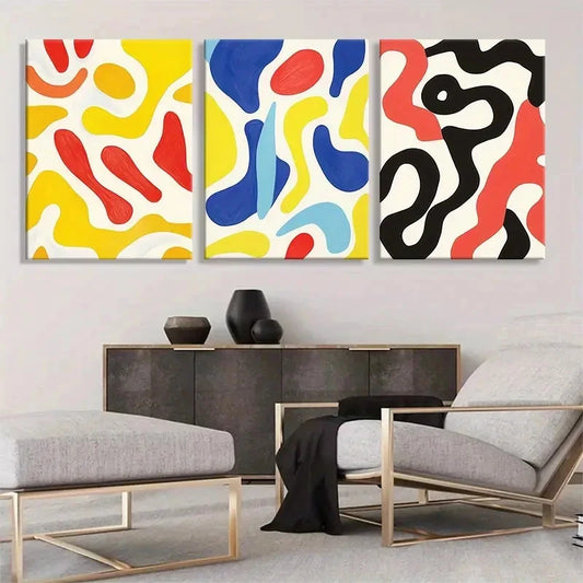 3pcs Modern Geometric Abstract Yellow & Black Metal Print Ready to Hang Art