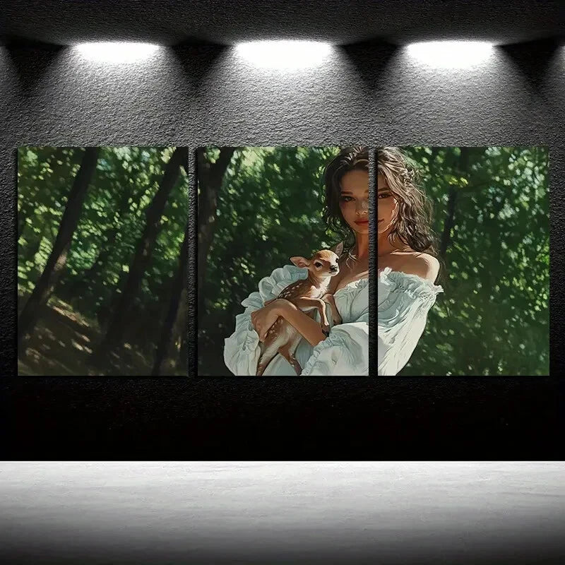 3pcs Charming Girl with Deer In Forest Metal Print Ready to Hang Art