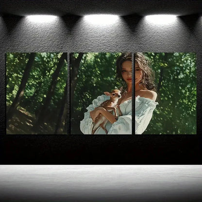 3pcs Charming Girl with Deer In Forest Metal Print Ready to Hang Art