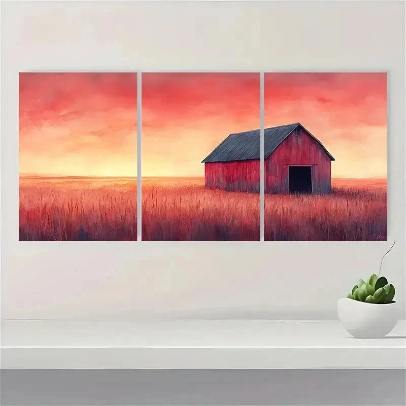 3pcs Rustic Barn At Dusk Watercolor Perfect Wall Art Set Canvas Framed 40x60cm - High Quality Print 100% Australian Made Wall Canvas Ready to Hang