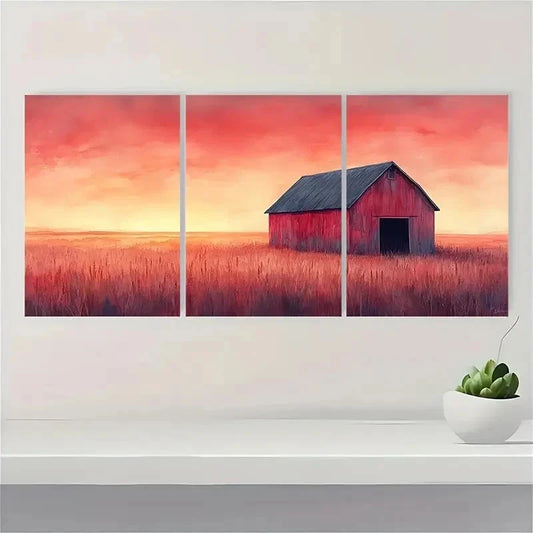3pcs Rustic Barn At Dusk Watercolor Perfect Wall Art Set Canvas Framed 40x60cm - High Quality Print 100% Australian Made Wall Canvas Ready to Hang