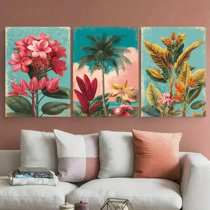 3pcs Bridgetown Travel Botanical Illustration Wall Art Set Canvas Framed 60x90cm - High Quality Print 100% Australian Made Wall Canvas Ready to Hang