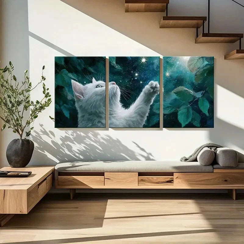 3pcs White Cat Reaching Stars Night Sky Green Metal Print Ready to Hang Art
