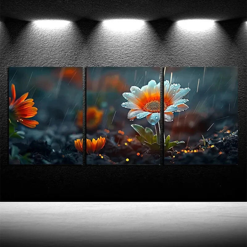 3pcs Charming Blooming Flowers on Ground Metal Print Ready to Hang Art