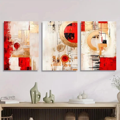 3pcs Red Abstract Geometry Paintings Metal Print Ready to Hang Art