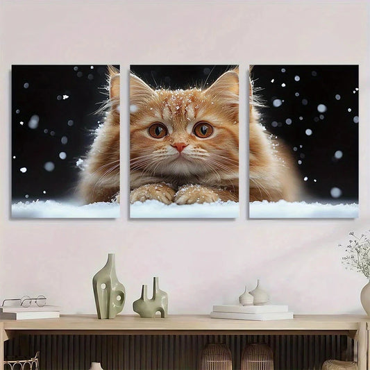 3pcs Cute Fat Orange Cat Snow Scene Metal Print Ready to Hang Art