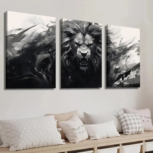 3pcs Black and White Monochrome Animal Lion Wall Art Set Canvas Framed 50x70cm - High Quality Print 100% Australian Made Wall Canvas Ready to Hang