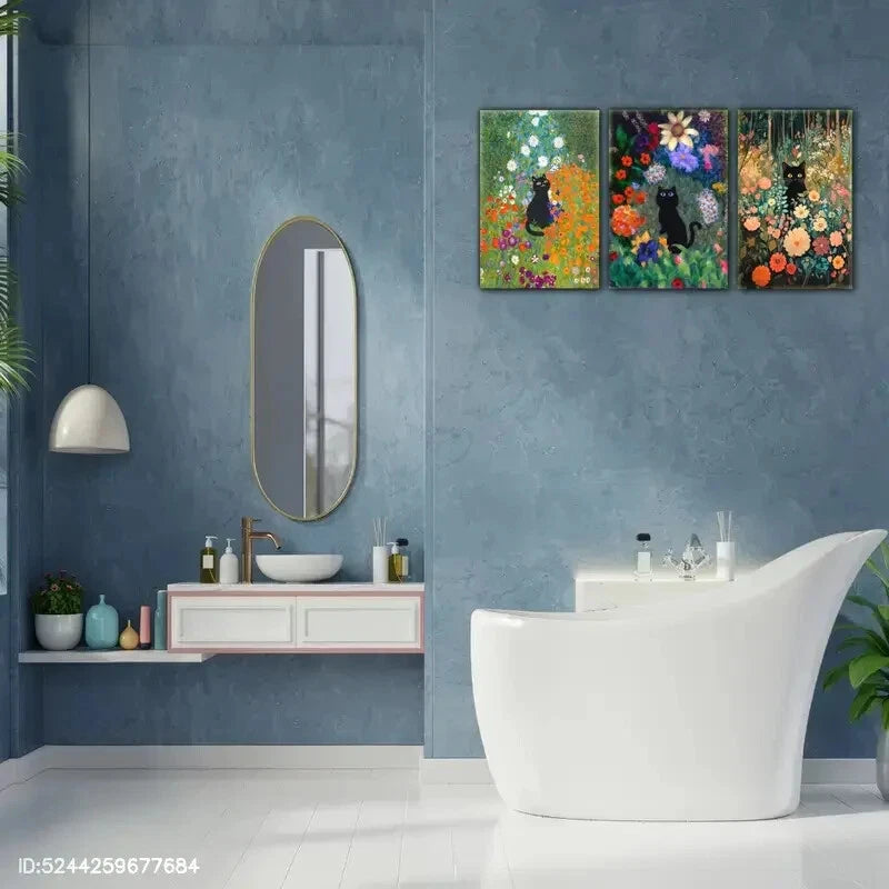 3pcs Cat and Flowers Vintage Black Cat Floral Art Metal Print Ready to Hang Art