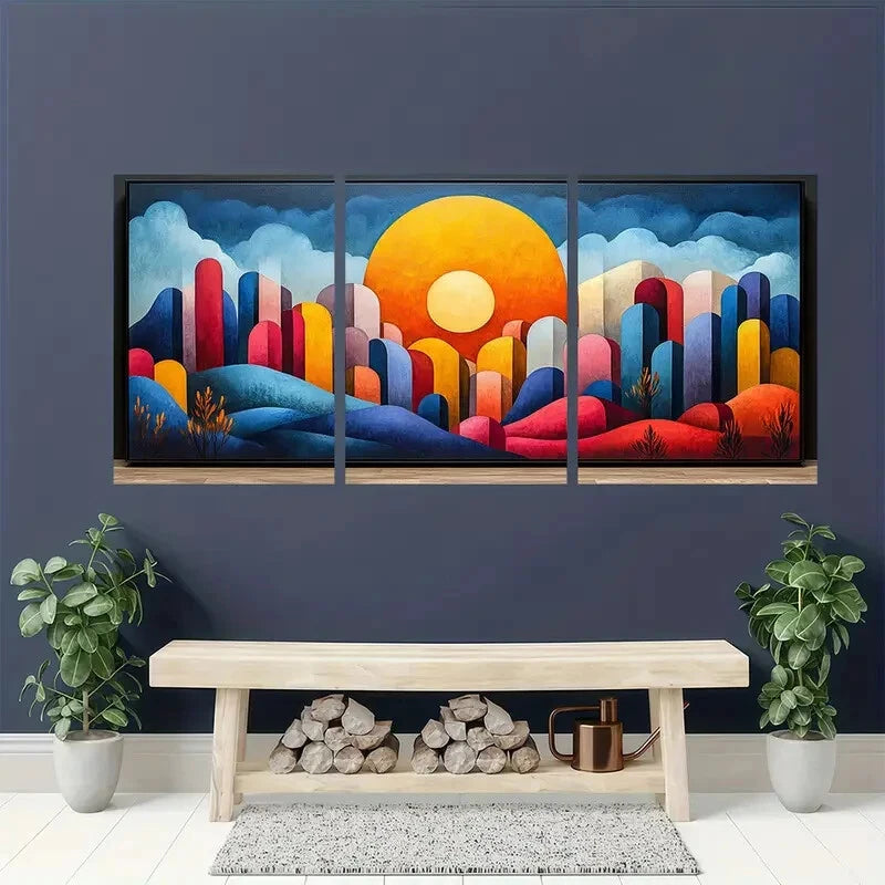 3pcs Abstract Color Block with Black Frames Metal Print Ready to Hang Art