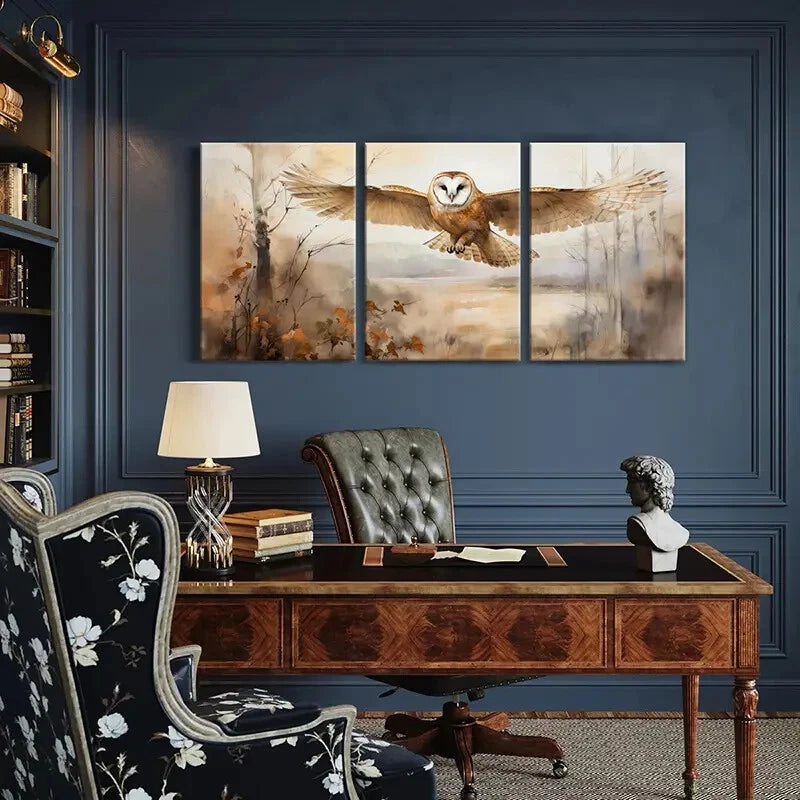 3pcs Owl Flight Watercolor Style Nature Scene Metal Print Ready to Hang Art