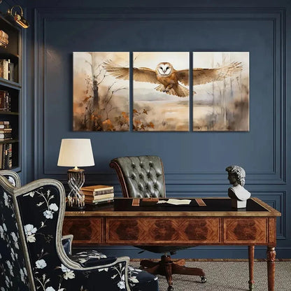 3pcs Owl Flight Watercolor Style Nature Scene Metal Print Ready to Hang Art