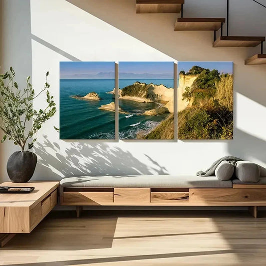 3pcs Greece Travel Cape Drastic Rocky Coast Wall Art Set Canvas Framed 50x70cm - High Quality Print 100% Australian Made Wall Canvas Ready to Hang