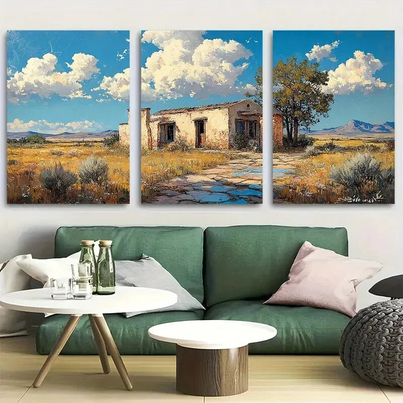 3pcs Pueblo Style Abandoned Villa Metal Print Ready to Hang Art