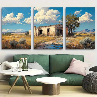 3pcs Pueblo Style Abandoned Villa Metal Print Ready to Hang Art