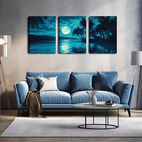 3pcs Night, Moon, Coconut Tree Wall Art Canvas Unframed - High Quality Print 100% Australian Made Wall Canvas