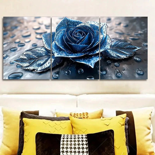 3pcs Triple Panel Blue Rose & Silver Raindrop Metal Print Ready to Hang Art