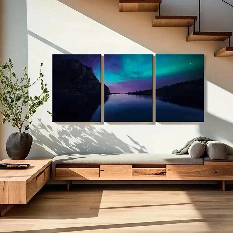 3pcs Vibrant Northern Lights & Serene Landscapes Wall Art Set Canvas Framed 40x60cm - High Quality Print 100% Australian Made Wall Canvas Ready to Hang