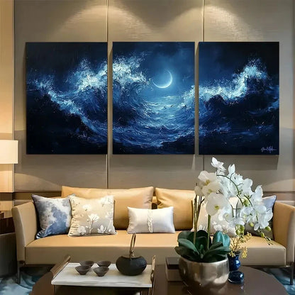 3pcs Night Sky and Crescent Moon Fantasy Seascape Metal Print Ready to Hang Art