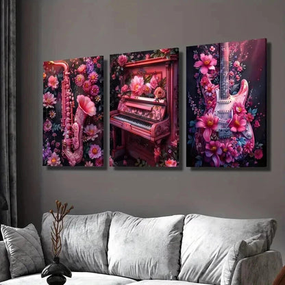 3pcs Pink Flowered Saxophone Guitar and Piano Wall Art Set Canvas Framed 40x60cm - High Quality Print 100% Australian Made Wall Canvas Ready to Hang