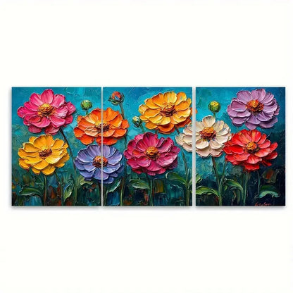3pcs Zinnia Flowers Impasto Illustration Wall Art Set Canvas Framed 60x90cm - High Quality Print 100% Australian Made Wall Canvas Ready to Hang
