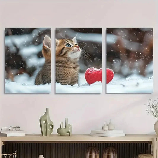 3pcs Kitten in Snow Striped Fur Red Heart Metal Print Ready to Hang Art