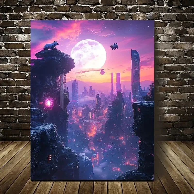 Vibrant Sunset Sky with Glowing Moon Painting 40x60cm Metal Print Ready to Hang