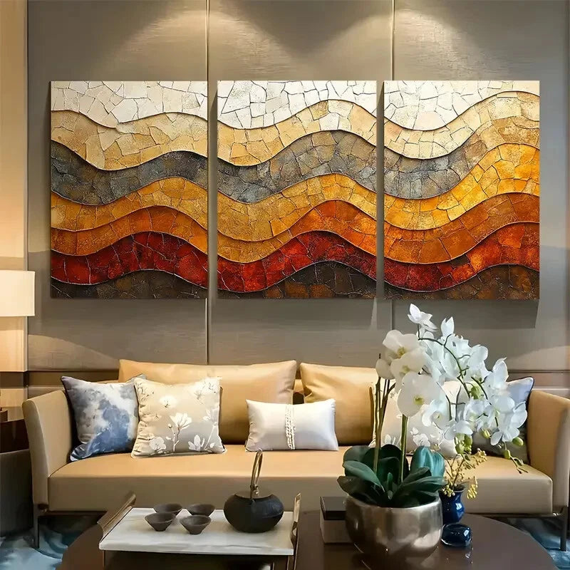 3pcs Modern Abstract Wave Mosaic Warm Earthy Tones Metal Print Ready to Hang Art