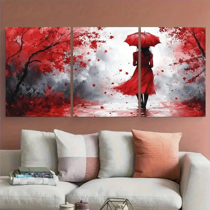 3pcs Watercolor Lady in Red with Umbrella Design Metal Print Ready to Hang Art