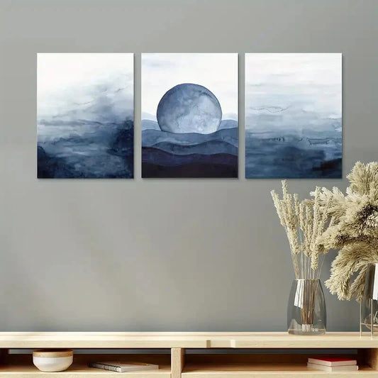 3pcs Abstract Print Blue Moon Landscape Blue PosterMetal Print Ready to Hang Art