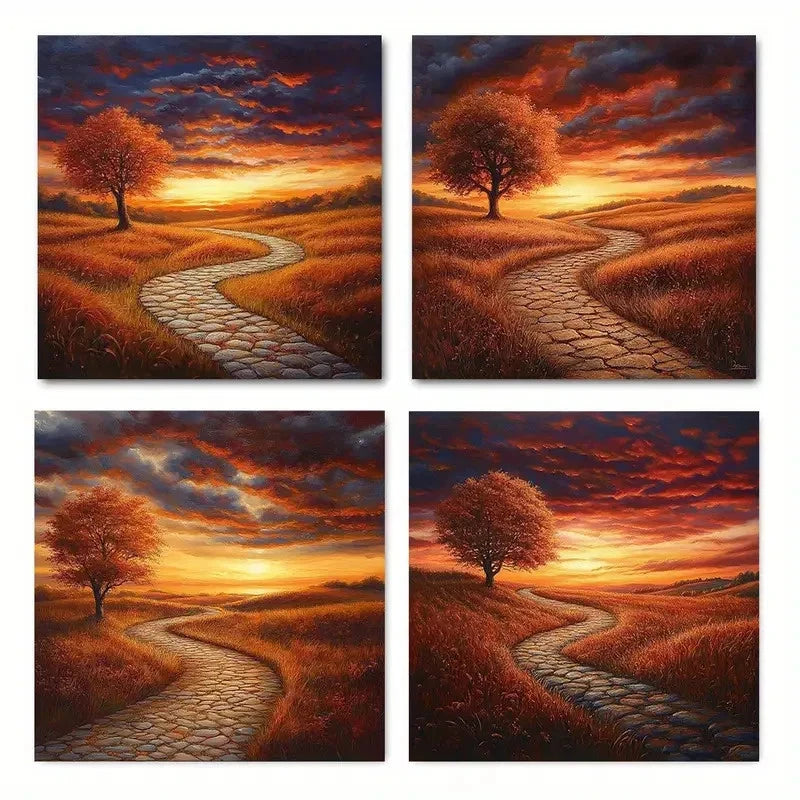 4pcsAutumn Tree Field Wall Art Canvas Framed