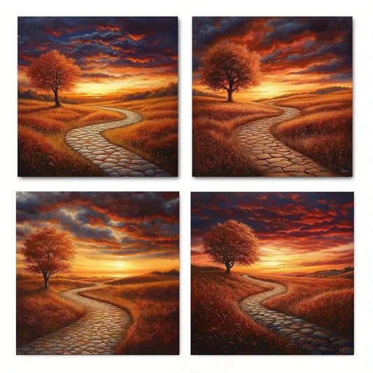 4pcsAutumn Tree Field Wall Art Canvas Framed